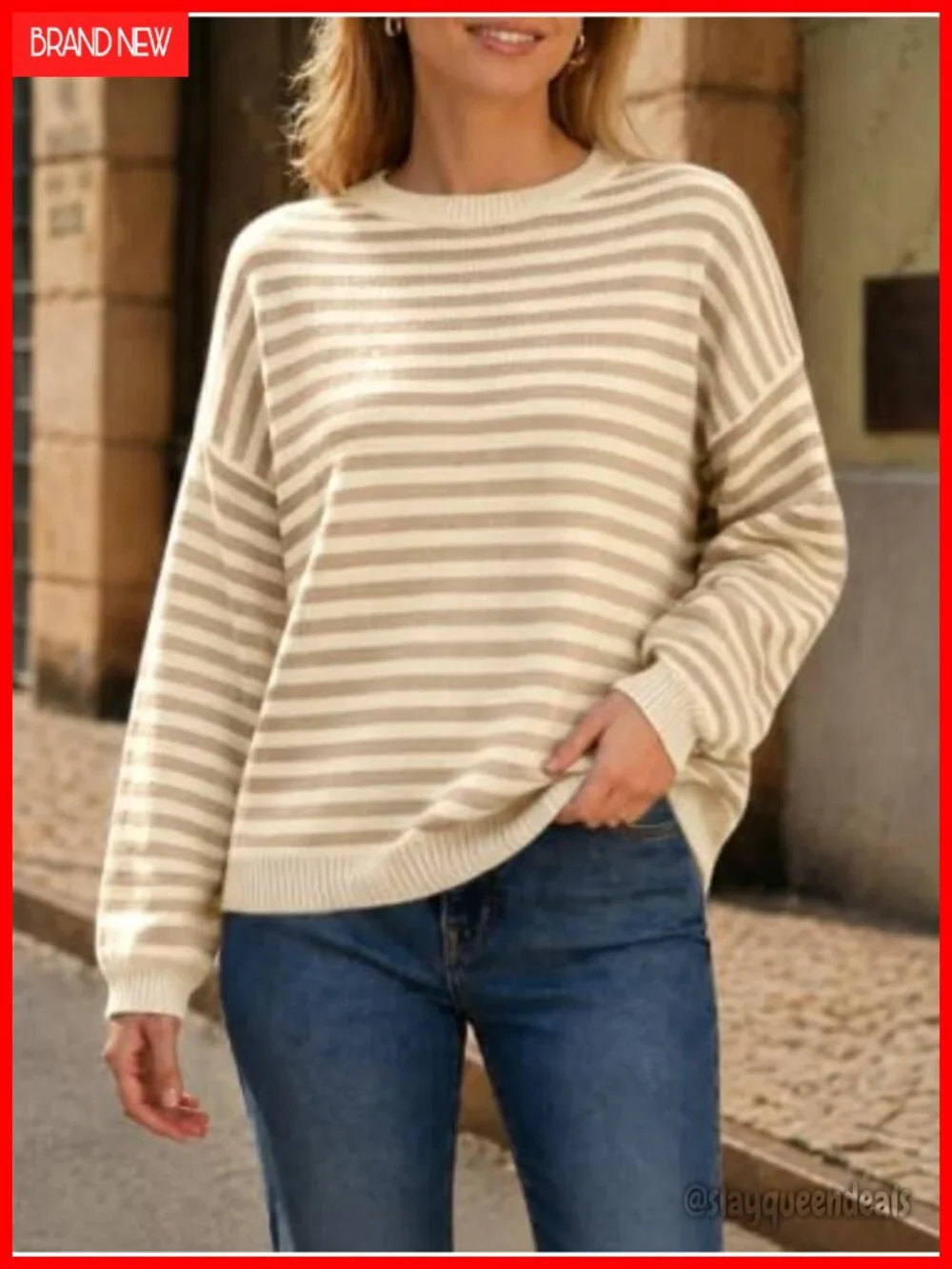 Oversized Striped Knit Crew Neck Long Sleeve Pullover Sweater